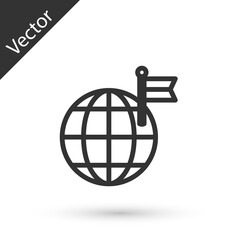 Grey line Planet with flag icon isolated on white background. Victory, winning and conquer adversity concept. Vector