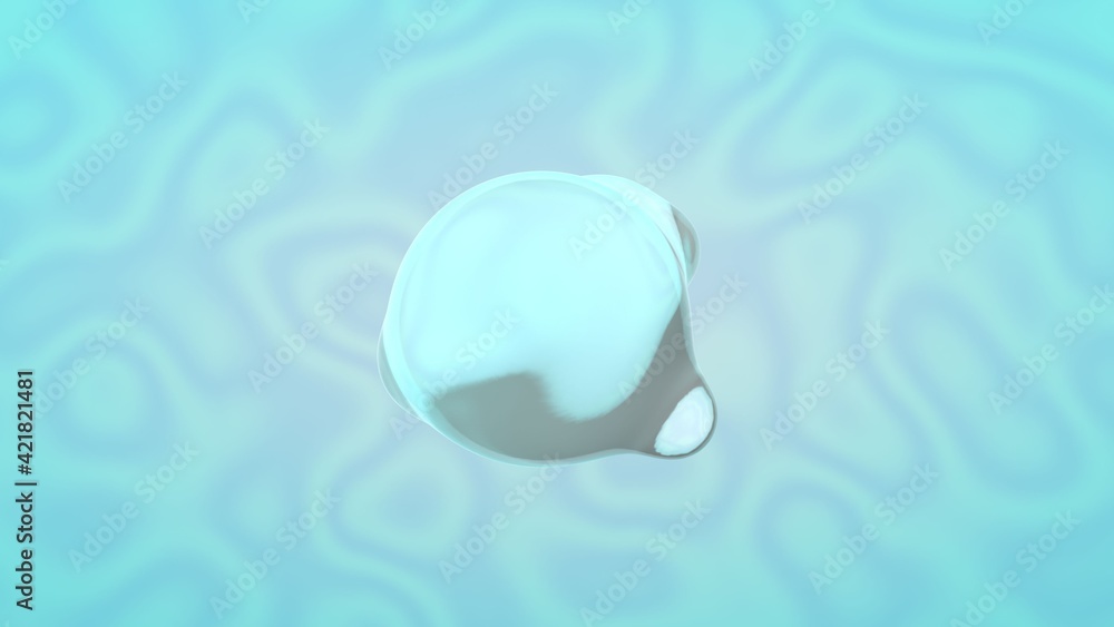 Poster 3d rendering of a blue wavy background with a large transparent sphere and small drops that merge wi