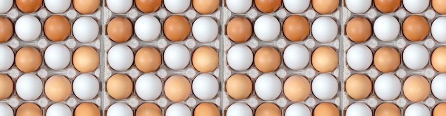 Eggs in Carton. Eggs in Box. Healthy Farm Food in Eco Packaging. White Eggs among the dark ones in Checkerboard pattern, concept. Panoramic Banner.
