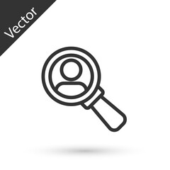 Grey line Magnifying glass for search a people icon isolated on white background. Recruitment or selection concept. Search for employees and job. Vector