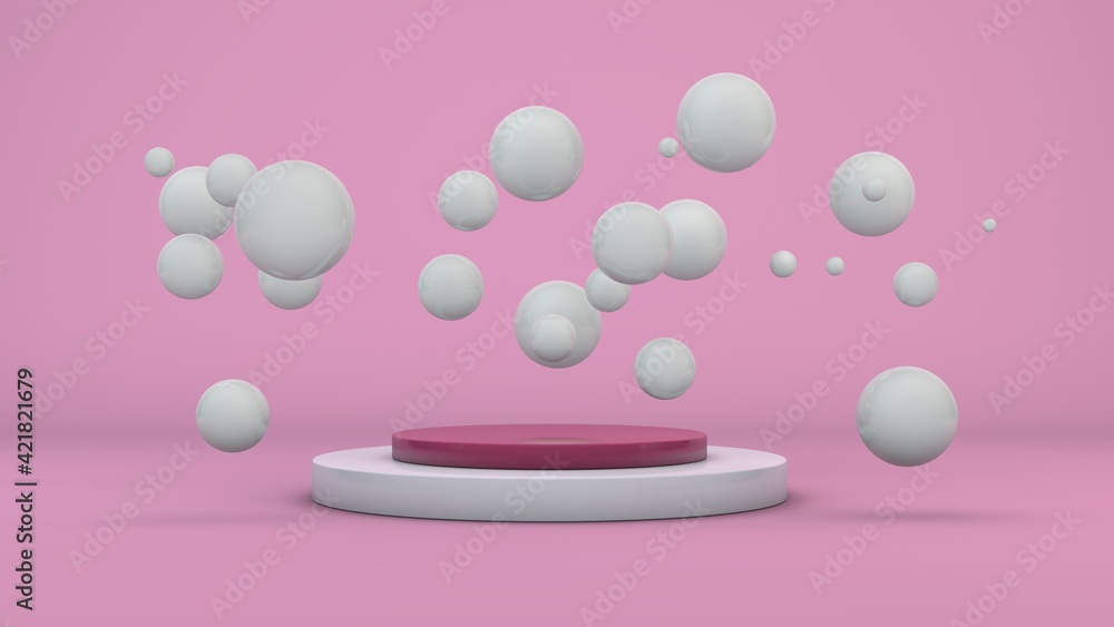 Poster 3d rendering of a pink studio and a lot of white spheres, balls of different sizes randomly located 