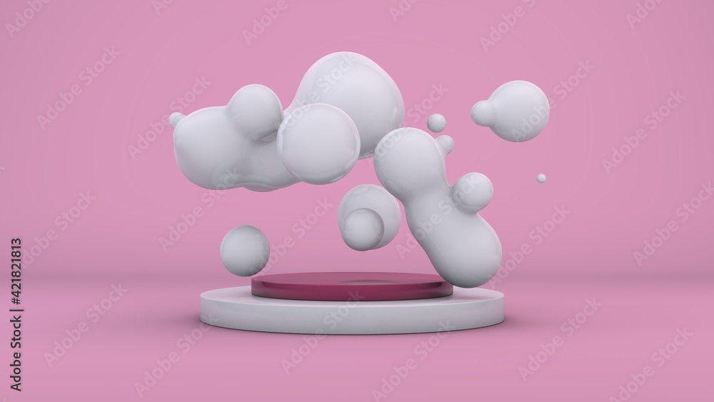 Poster 3d rendering of a pink studio and a lot of white milk drops merging and randomly arranged in the spa
