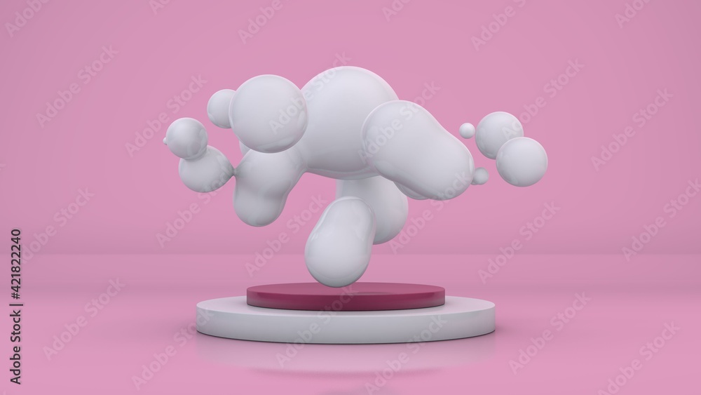 Poster abstract composition, 3d rendering of a pink studio and a lot of white milk drops merging and random