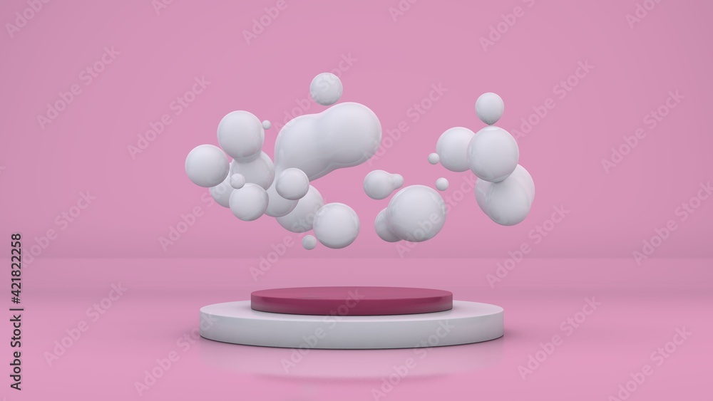 Poster abstract composition, 3d rendering of a pink studio and a lot of white milk drops merging and random