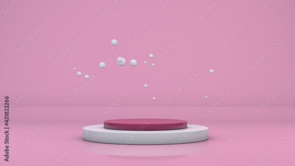 Poster abstract composition, 3d rendering of a pink studio and many small white milk drops merging and rand