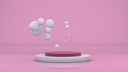 Abstract composition, 3d rendering of a pink studio and a lot of white milk drops merging and randomly arranged in the space above the podium. For advertising of household chemicals.