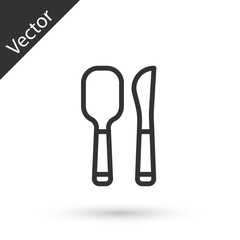 Grey line Knife and spoon icon isolated on white background. Cooking utensil. Cutlery sign. Vector