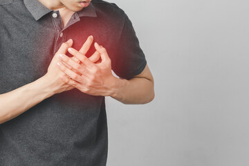 Man has chest pain suffering by heart disease, Cardiovascular disease, heart attack. Health care...