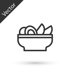 Grey line Nachos in plate icon isolated on white background. Tortilla chips or nachos tortillas. Traditional mexican fast food menu. Vector