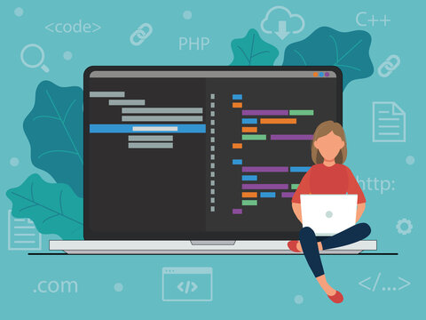 Flat illustration on the topic of programming. Girl programmer writes a code with a laptop. A page with php code is open on the laptop.