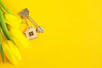 Key ring in the shape of wooden house with key on yellow background and spring tulips. Building,...