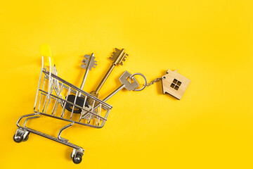 Key ring in the shape of wooden house with key on a yellow background and shopping cart. Mortgage,...