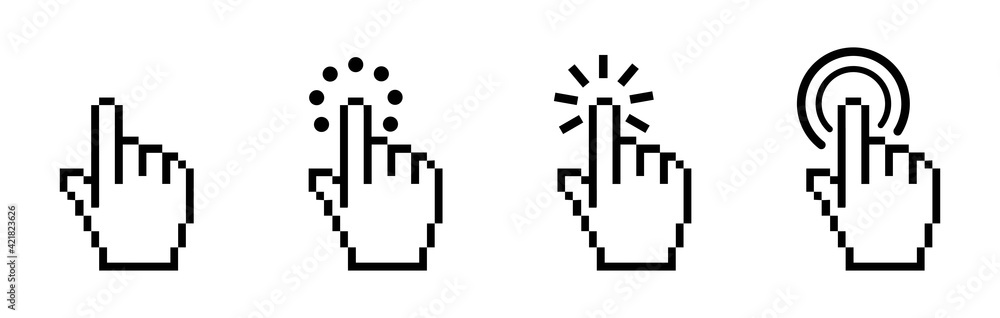 Poster pointer cursor сomputer mouse icon in pixel style. clicking cursor, pointing hand clicks icons. clic