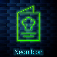Glowing neon line Cookbook icon isolated on brick wall background. Cooking book icon. Recipe book. Fork and knife icons. Cutlery symbol. Vector