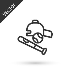 Grey line Baseball bat with ball, hat icon isolated on white background. Vector