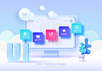 Mockup 3D monitor with user interface elements for web design Software creator. User interface, user experience design. A set of tools for creating UI UX. Web development. Vector illustration 3D style
