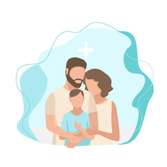 Vector illustration of a married couple gently and caringly hugs their sick little child in the hospital on a modern abstract background. Family day, loving parents, support and care for the family.