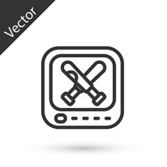 Grey line Monitor with baseball ball and bat on the screen icon isolated on white background. Online baseball game. Vector