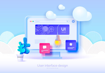 Mockup 3D monitor with user interface elements for web design Software creator. User interface, user experience design. A set of tools for creating UI UX. Web development. Vector illustration 3D style
