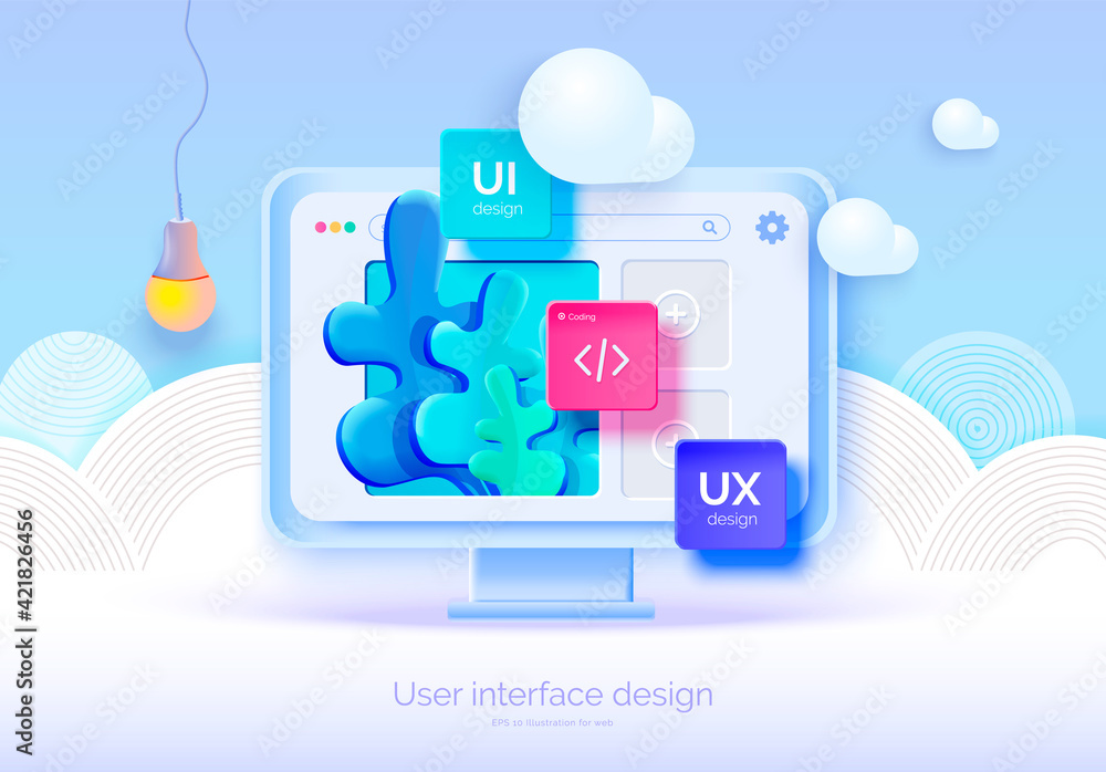 Poster mockup 3d monitor with user interface elements for web design software creator. user interface, user