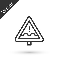 Grey line Uneven road ahead sign. Warning road icon isolated on white background. Traffic rules and safe driving. Vector