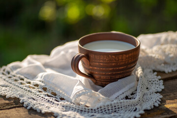 Fototapeta na wymiar Pottery cup with milk (kefir, yogurt, sour cream, kumis), lace tablecloth, wooden table. Outdoor picnic, breakfast, brunch, refreshments. Soft focus