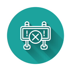 White line Road barrier icon isolated with long shadow background. Symbol of restricted area which are in under construction processes. Repair works. Green circle button. Vector