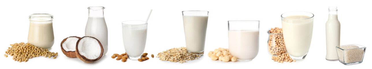 Different vegan milks on white background