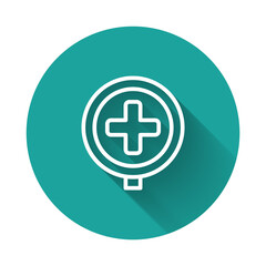 White line Hospital road traffic icon isolated with long shadow background. Traffic rules and safe driving. Green circle button. Vector