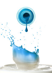 Open bottle with dripping nail polish and splashes on white background