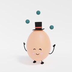 Funny happy easter egg character juggling with balls. Isolated 3D rendering.