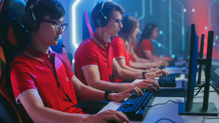 Diverse Esport Team of Pro Gamers Play in Mock-up FPS Shooter Video Game on a Championship. Stylish Neon Cyber Games Arena. Online Broadcasting of Tournament Event.