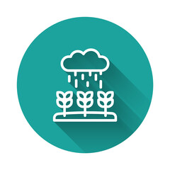 White line Plant sprouts grow in the rain icon isolated with long shadow background. Seedling concept. Green circle button. Vector
