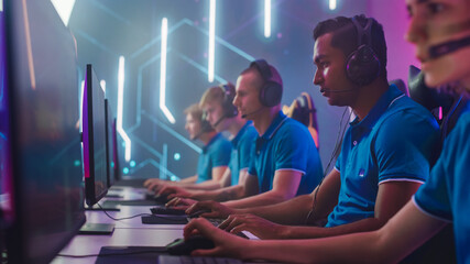 Diverse Esport Team of Pro Gamers Playing in Video Game on World Championship, use Headsets to Talk. Stylish Neon Cyber Games Arena. Online Broadcasting of Tournament Event © Gorodenkoff