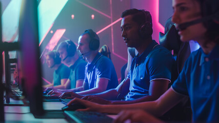 Diverse Esport Team of Pro Gamers Playing in Video Game on World Championship, use Headsets to Talk. Stylish Neon Cyber Games Arena. Online Broadcasting of Tournament Event © Gorodenkoff