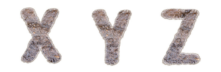 Letters X, Y, Z made of mud