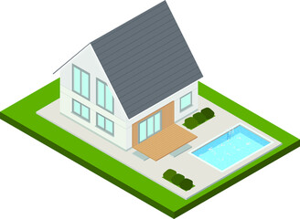 green house with solar panels. 
beautiful house with a swimming pool. house in isometric view. 3d. plan or map. colorful and bright home for a family. illustration. logo