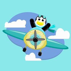 Illustration vector graphic cartoon character of cute penguin pilot flight with plane. Childish cartoon design suitable for product design of children's books, children shirts, greeting cards etc