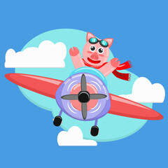 Illustration vector graphic cartoon character of cute pig pilot flight with plane. Childish cartoon design suitable for product design of children's books, children shirts, greeting cards etc.