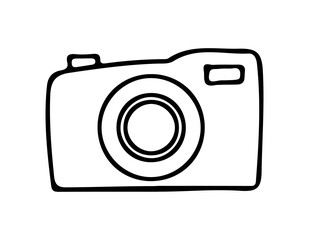Camera, photo equipment. Digital technology. Vector illustration hand drawn in outline doodle style. Isolate on white background.