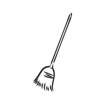 Black outline vector broom on white background.