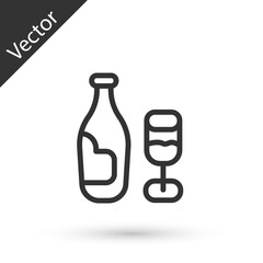 Grey line Wine bottle with glass icon isolated on white background. Vector