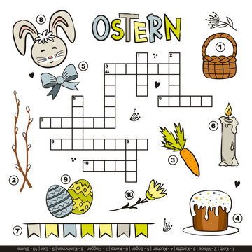 German Easter crossword for kids. Childrens festive game with cartoon elements. Rabbit, painted eggs, basket, cake, willow, candle. Vector illustration. Translation: Easter