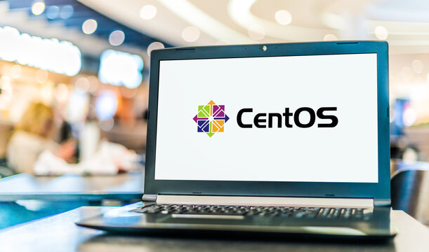 Laptop computer displaying logo of CentOS