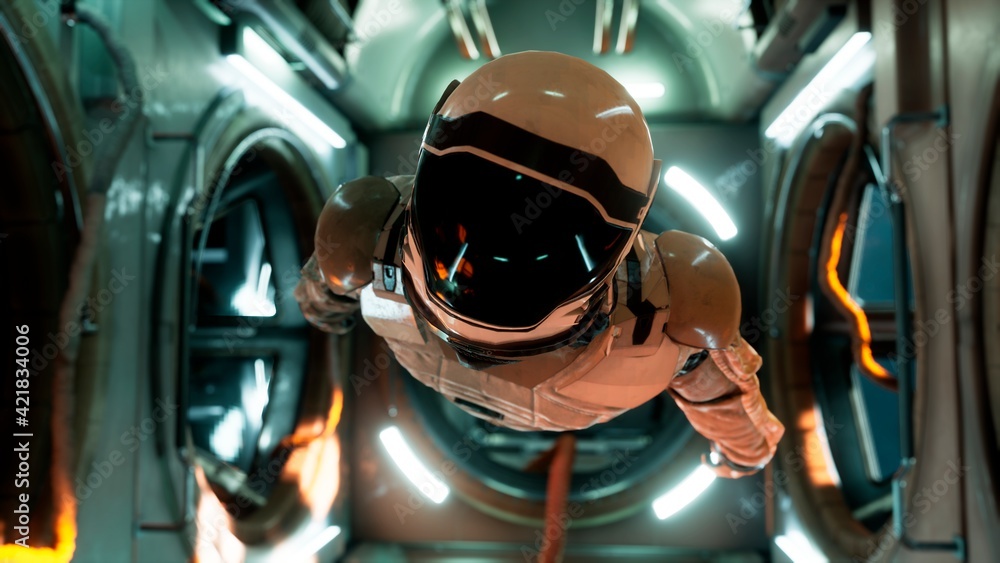Canvas Prints somewhere in distant space, an astronaut hovers inside his spaceship. 3d rendering.
