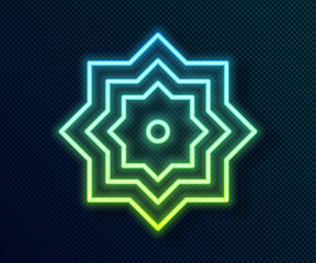 Glowing neon line Islamic octagonal star ornament icon isolated on black background. Vector