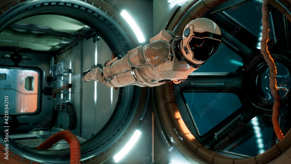 Canvas Prints an astronaut in zero gravity checks the module of his spaceship. 3d rendering.