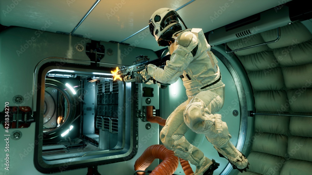 Canvas Prints space drama on a spaceship after the conflict of astronauts. 3d rendering.