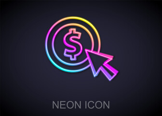 Fototapeta premium Glowing neon line Coin money with dollar symbol icon isolated on black background. Banking currency sign. Cash symbol. Vector