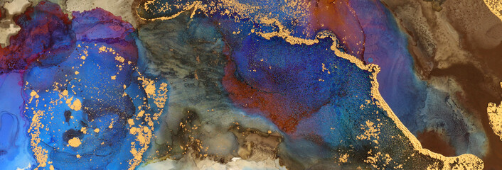 art photography of abstract fluid art painting with alcohol ink, blue, black and gold colors